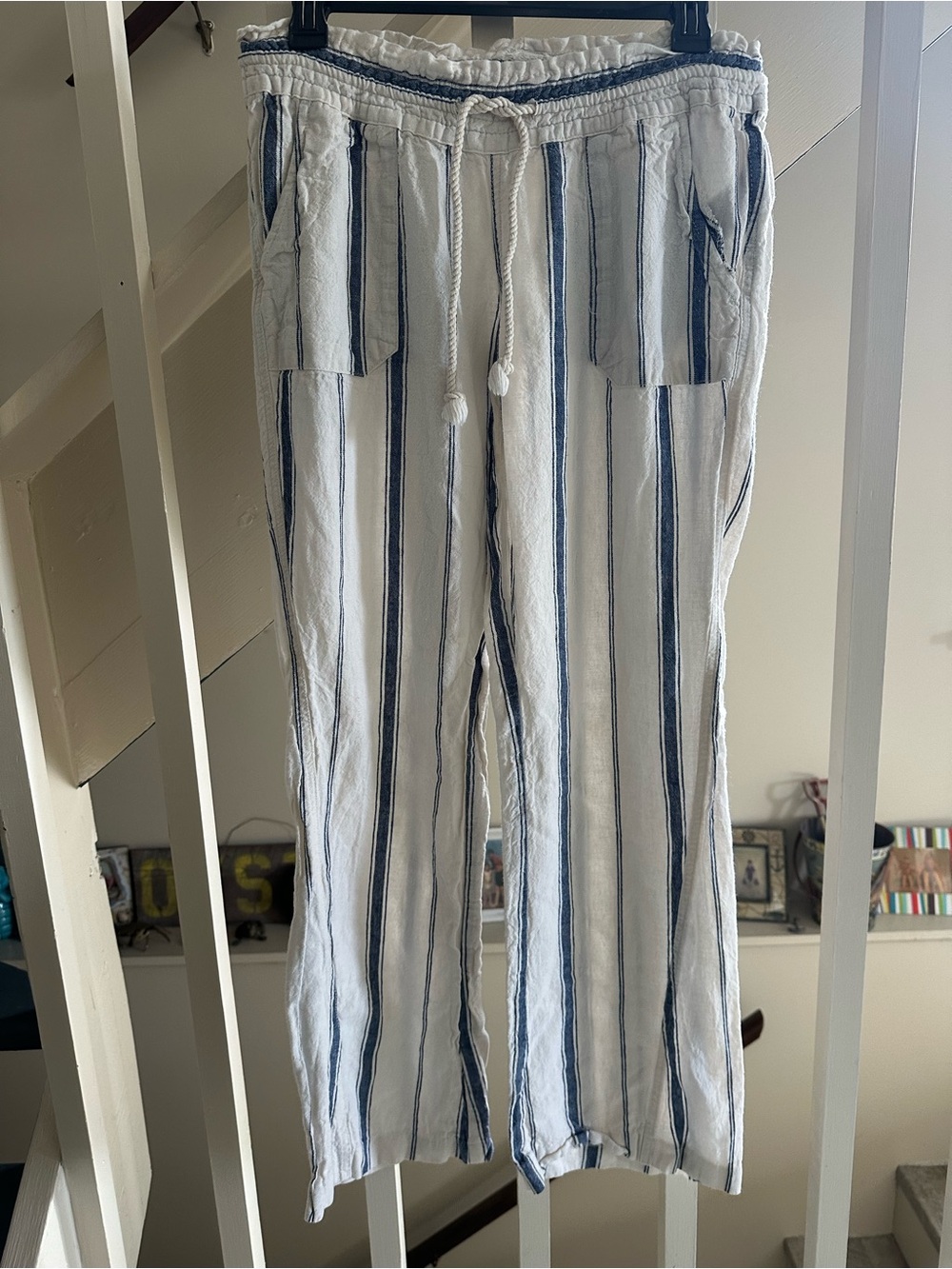 Roxy linen boho beach pants blue white striped SZ med